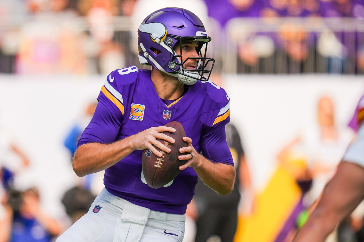 Oct 8, 2023; Minneapolis, Minnesota, USA; Minnesota Vikings quarterback Kirk Cousins (8) drops back to pass against the Kansas City Chiefs in the first quarter at U.S. Bank Stadium.